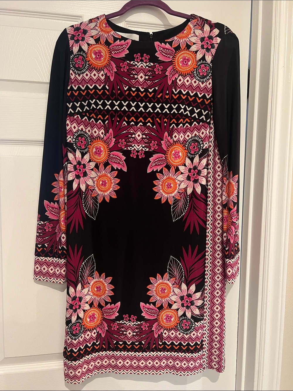 Women's Black Floral Printed Long-Sleeve Dress - Pink & Orange Accents